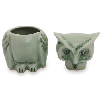 Happy Green Owl Celadon Ceramic Jar