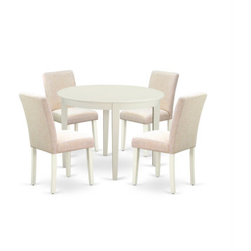5-Piece Round 42" Table, 4 Parson Chair, White Leg, Fabric Light Beige