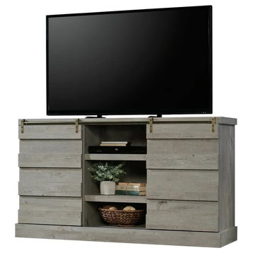 Rustic TV Stand, Channel Accented Sliding Doors With Gold Track, Mystic Oak