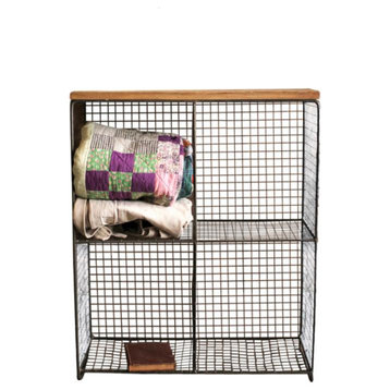 Industrial Iron Mesh 4 Square Cubby Console Storage Unit Wooden Shelf Top