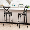 Black Steel Bar Stool With Solid Elm Wood Seat and Back Support, Set of 2