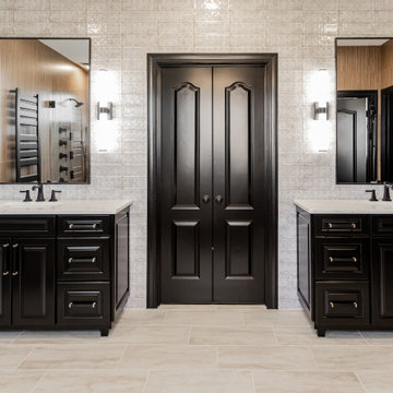 Modern Luxury Master Bathroom with Black Solid Surface Tub
