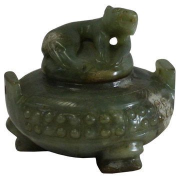 Chinese Jade Green Color Stone Carved Incense Holder Display Art Hws362