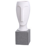 Harp and Finial - Rapu Statue Large Frosted White Resin and Gray Base - The Rapu Statue is a large modern sculpture featuring a frosted white resin abstract face design on a gray square base. This intriguing statue uses smooth lines and neutral colors to accentuate its abstract features. Place this large face sculpture on a tabletop in a modern foyer or living room to create a one-of-a-kind appeal.