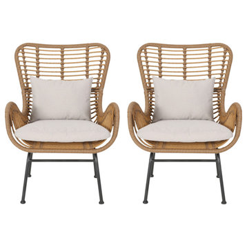 Crystal Outdoor Wicker Club Chairs With Cushions, Set of 2, Light Brown/Beige