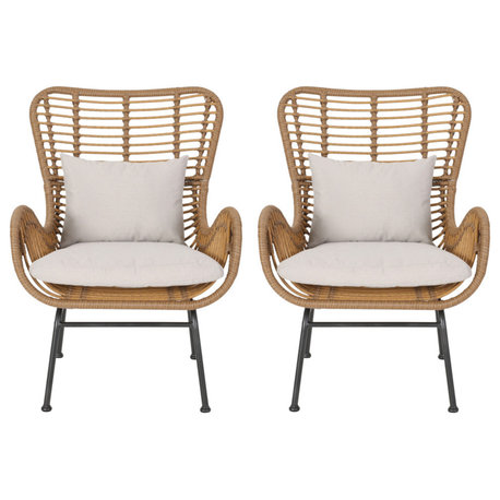 Crystal Outdoor Wicker Club Chairs With Cushions, Set of 2, Light Brown/Beige