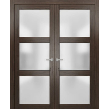 Solid French Double Doors 36 x 96 Frosted Glass, Lucia 2552 Chocolate Ash