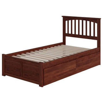 Twin Platform Bed, Hardwood Frame With Slatted Headboard & 2 Drawers, Walnut