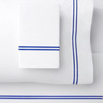 SeventhStaRetail - 1000 Thread Count 2 Stripe Embroidery Sheet Set, Navy on White, Queen Sheet Set - Hotel Collection A superior blend of materials makes these sheets soft, easy to care for and wrinkle resistant. Enhance any bedroom decor with this 1000 thread count Cotton Rich sheet set. Each sheet set is made of 52% Cotton and 42% Polyester.