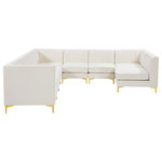 Meridian Furniture - Alina Velvet Modular U-Shaped Sectional, Cream, 8-Piece: 5 Armless Chair, 3 Corner Chair - Bring modern beauty to your space with the addition of this Alina Velvet Modular sectional. This beautiful sectional features deep channel tufting to ramp up its visual interest and add to its resilient demeanor. Its soft cream velvet upholstery blends nicely with existing elements in your room and is sleek to the touch, making this seat a super comfortable one. Part of the modular Alina collection, this sectional has a latch that attaches it to other pieces to create your custom seating arrangement.