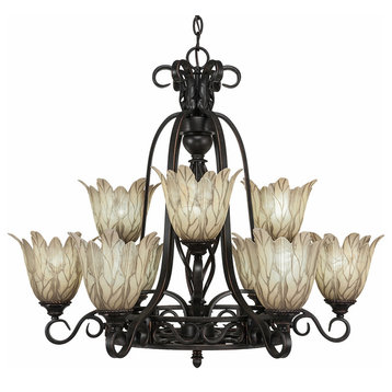 Elegant_ 9-Light Chandelier, Dark Granite Finish, 7" Vanilla Leaf Glass