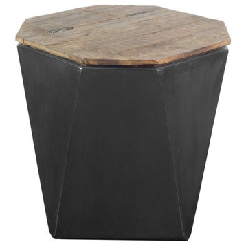 HomeRoots Black Metal and Natural Wood Hinged-Top Side Table