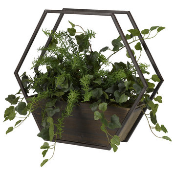 Cottage Ivy and Rosemary Spray, Metal and Wood Hexagon Wall Sconce