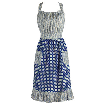 Blue and White Mixed Print Vintage Apron