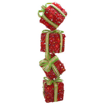 34" Lighted Sparkling Tinsel Candy Gift Box Tower Christmas Yard Art Decoration