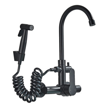 Wall Mounted Kitchen Faucet With Extendable Bidet, Matte Black