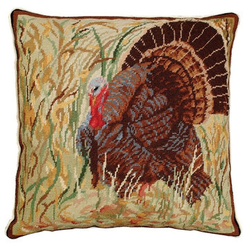 Throw Pillow Needlepoint Turkey in Field Bird 18x18 Beige Cotton