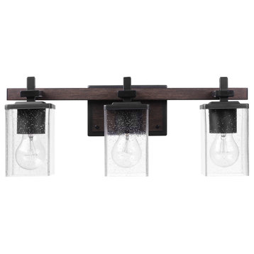 3-Light Matte Black Vanity Light with Seeded Glass Shades