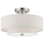 Livex Lighting - Meridian 2 Light Brushed Nickel Semi-Flush - The sleek style and simple design of this semi flush mount, makes it easy to use in any space. This 2 light fixture features an oatmeal fabric hardback drum shade with a satin white acrylic diffuser.
