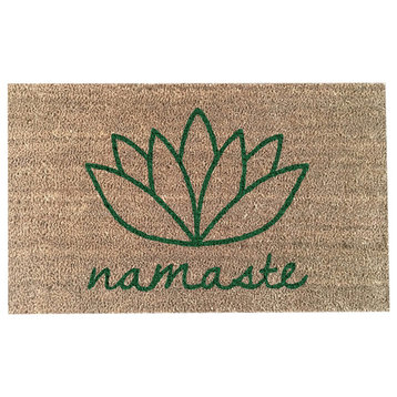 Hand Painted "Namaste, Lotus Flower" Doormat, Amazon Dark Green