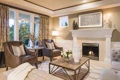 Living room - large transitional formal and enclosed carpeted and beige floor living room idea in Seattle with gray walls, a standard fireplace, a wood fireplace surround and no tv
