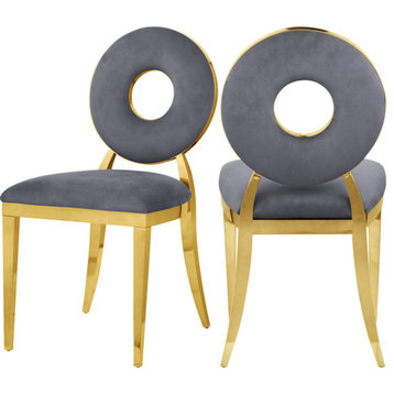 Carousel Upholstered Dining Chair, Set of 2, Gray Velvet, Gold Finish