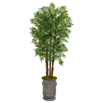 Nearly Natural 76� Parlour Artificial Palm Tree in Copper Trimmed Metal Planter