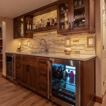 Rosewood and Stacked Stone Basement Bar
