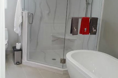 Mid-sized minimalist master vinyl floor bathroom photo in Boise with gray walls