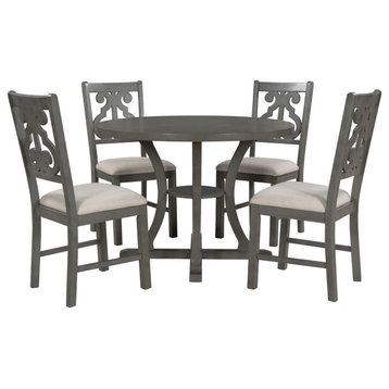 TATEUS 5-Piece Round Dining Table and 4 Fabric Chairs, Gray