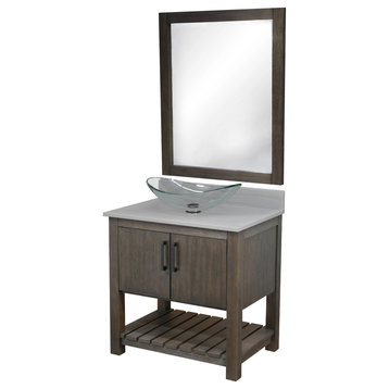 30" Vanity, Storm Grey Quartz Top, Sink, Drain, Mounting Ring, and P-Trap, Matte Black, Mirror Included