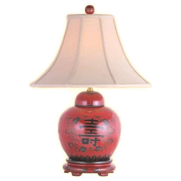 Chinese Red Lacquer Jar Table Lamp, Shade and Finial 21"