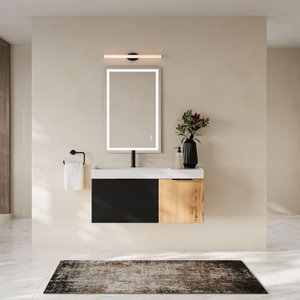 The Nuvo Bathroom Vanity, Single Sink, 42", Black Glass and Maple, Wall Mounted