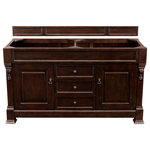 James Martin Vanities - Brookfield 60" Burnished Mahogany Double Vanity - The Brookfield 60", double sink, Burnished Mahogany vanity by James Martin Vanities features hand carved accenting filigrees and raised panel doors. Two doors, on either side, open to shelves for storage below and three center drawers, made up of a lower double-height drawer and both middle and top standard drawers, offer additional storage space. The look is completed with Antique Brass finish door and drawer pulls. Matching decorative wood backsplash is included.