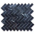 Stone Center Online - Nero Marquina Black Marble 1x2 Herringbone Mosaic Tile Polished, 1 sheet - Nero Marquina Black Marble 1x2" pieces mounted on 12x12" sturdy mesh tile sheet