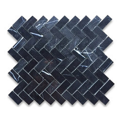 Stone Center Online - Nero Marquina Black Marble 1x2 Herringbone Mosaic Tile Polished, 1 sheet - Mosaic Tile