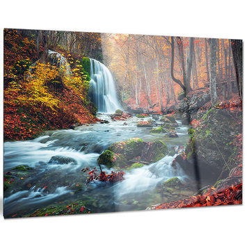 "Autumn Mountain Waterfall Long View" Landscape Metal Art, 40"x30"