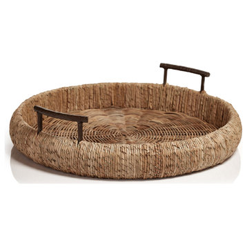 Willa Seagrass Single Rope Round Tray With Metal Handles