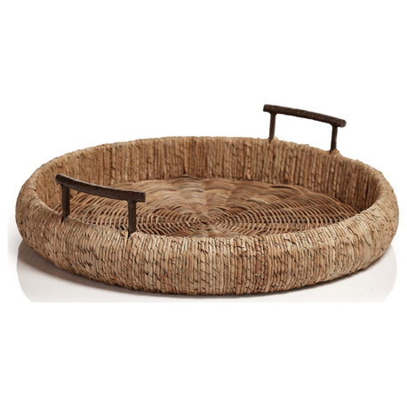 Willa Seagrass Single Rope Round Tray With Metal Handles