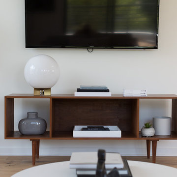 Mid Century Modern Credenza with Open Shelving, Mounted TV Screen