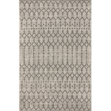 Ourika Moroccan Geometric Indoor/Outdoor Rug, Light Gray/Black, 9x12