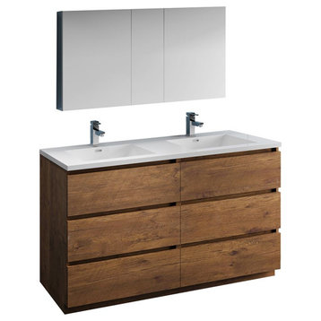 60" Rosewood Double Sink Vanity Set, Fiora Faucet, Brushed Nickel