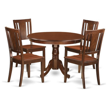 5-Piece Set With a Round Kitchen Table and 4 Wood Dinette Chairs, Mahogany