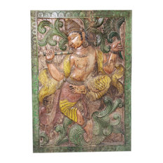 Consigned Fluting Krishna Carving Panel Vintage Wood Carved Krishna Wall Panel