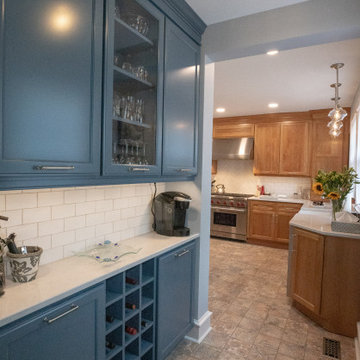 Transitional Warm Wood Farmhouse Kitchen Remodel | Quartz Countertops & Modern L