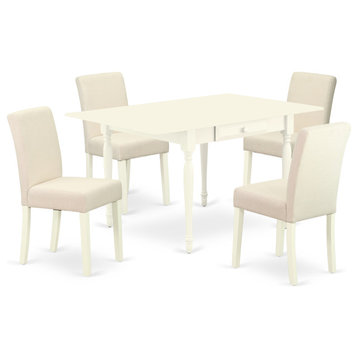 5Pc Kitchen Set, Table, 4 Parson Chairs, Light Beige Color, Linen White
