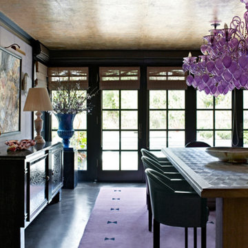 Purple Blown Glass Crystal Chandeliers over Dining Table