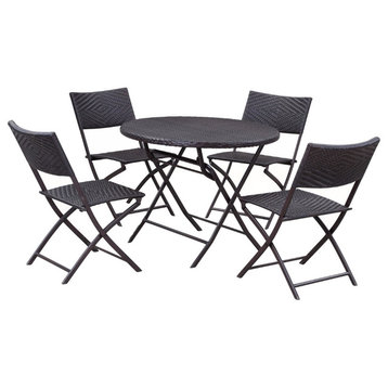 Bistro Dining Rattan Wicker Outdoor Folding Table and Chairs, 5-Piece Set