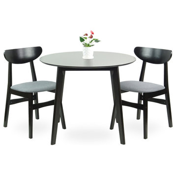 Set of 3 Dining Kitchen Round Table and 2 Yumiko Side Chairs Solid Wood