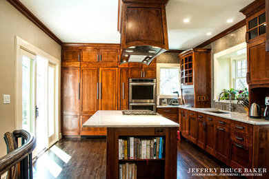 Example of a mid-sized arts and crafts l-shaped medium tone wood floor eat-in kitchen design in Atlanta with an undermount sink, shaker cabinets, medium tone wood cabinets, granite countertops, brown backsplash, stainless steel appliances and an island